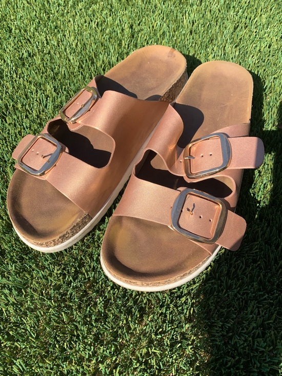 Madden Girl Shoes - Madden Girl Bronze Brown Double Buckle Slide Sandals